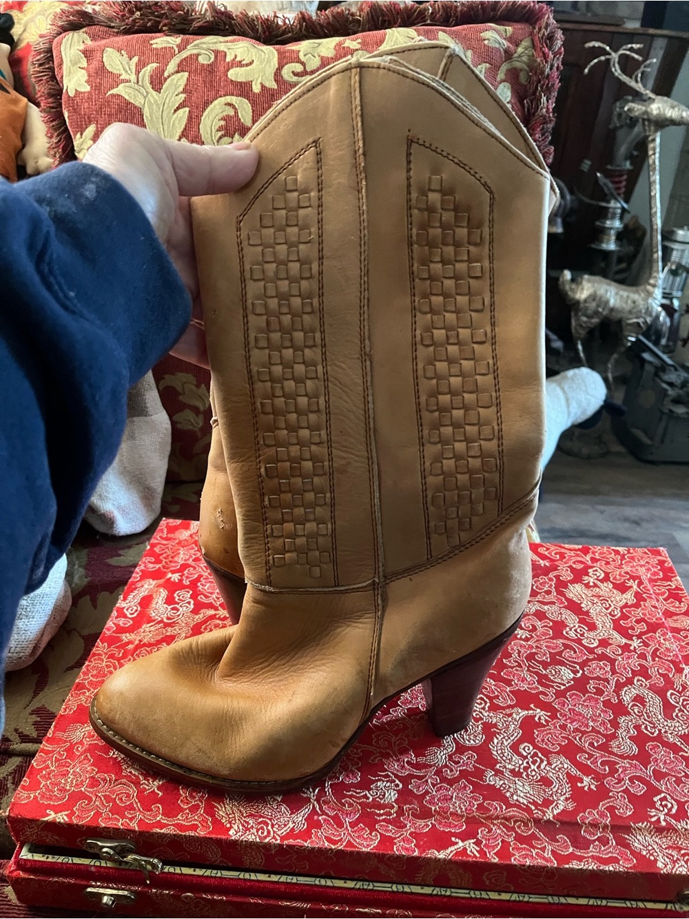 Tan Leather Women’s Stacked-Heel Western Boot